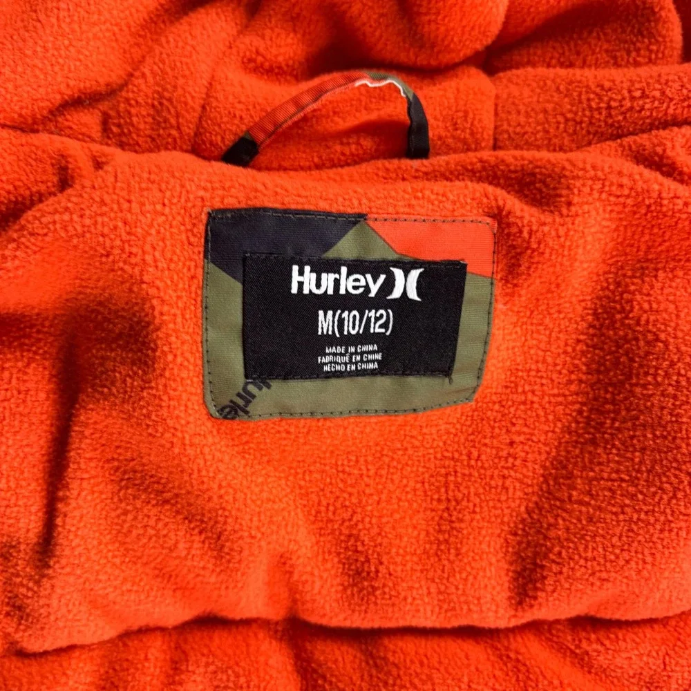 Hurley Puffer Jacket Camo Youth Hooded Boys Size M 10/12 Orange Green Black